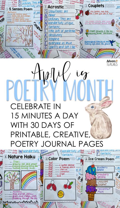 3rd grade National Poetry Month poetry journal for kids Poetry Activities Elementary, 5th Grade Poetry, Poetry Portfolio, Poetry Month Activities, Poetry Lesson Plans, Month Journal, April Writing, Poetry Projects, Reading Poems