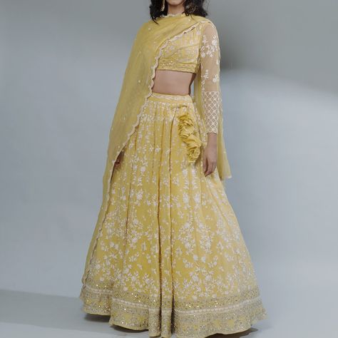 Lemon Yellow Thread Work Lehenga Set | asthanarang Lemon Yellow Lehenga, Thread Work Lehenga, Astha Narang, Haldi Dress, Indian Wedding Lehenga, Haldi Outfits, White Lehenga, Floral Lehenga, Best Designer Dresses