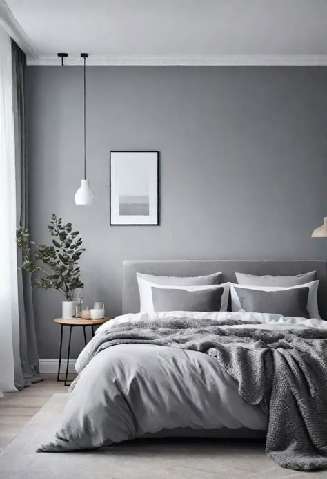 Grey Bedroom Bedding Ideas, Small Gray Bedroom Ideas, Grey Bedroom Color Palette, Bedroom Inspirations Grey Bed, Small Mens Bedroom, Light Grey Bedroom Walls, Modern Room Ideas For Men, Grey Bed Ideas, Bedroom Color Themes