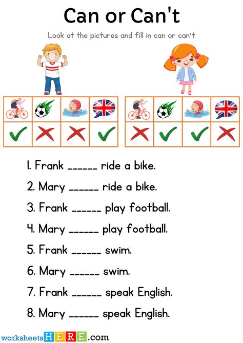 Can or Can't Exercises and Answers with Pictures Examples PDF Worksheet For Kids - WorksheetsHere.com Can Can’t Worksheet, Can Can't Worksheets For Kids, I Can Worksheet For Kids, I Can I Can't Worksheet For Kids, Can And Can't Worksheet, Can Worksheet, English Games For Kids, Christmas Stickers Printable, Modal Verbs