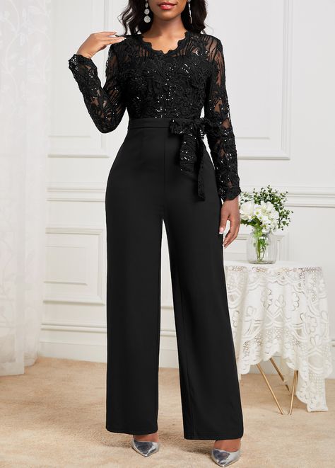 ROTITA Lace Black Belted Long V Neck Jumpsuit | Rotita.com - USD $41.98 Plus Size Black Tie Event Jumpsuit, Jumpsuit For Fall Wedding Guest, Black Pants Outfit Party Night Out, Award Ceremony Outfit For Women, After Five Attire For Women Party, Womens Formal Outfits, Semi Formal Pants Outfit For Women, Plus Size Jumpsuit Formal, Orchestra Outfit Concert Classy