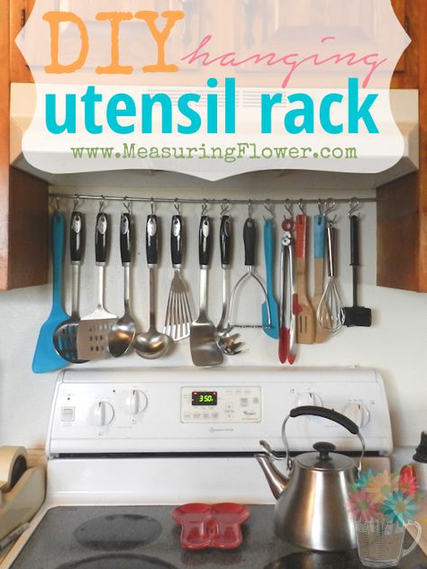 DIY Hanging Utensil Rack_MeasuringFlower Hanging Utensils In Kitchen, Diy Kitchen Utensil Holder, Diy Kitchen Utensils, Diy Utensil Holder, Hanging Utensil Holder, Hanging Utensils, Kitchen Utensil Hanger, Utensil Hanger, Diy Utensils