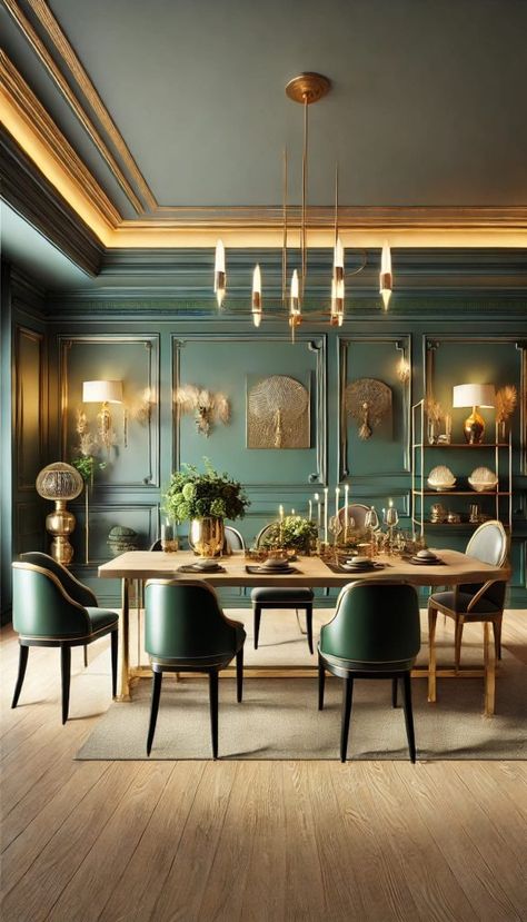 25 Bold Green Accent Wall Ideas to Make Your Room Pop 31 Green Grey Dining Room, Green Walls Dining Room, Green Wainscoting Dining Room, Green Accent Wall Dining Room, Green And Gold Dining Room, Moody Green Dining Room, Dark Green Dining Room Walls, Dining Room Statement Wall, Dark Green Dining Room