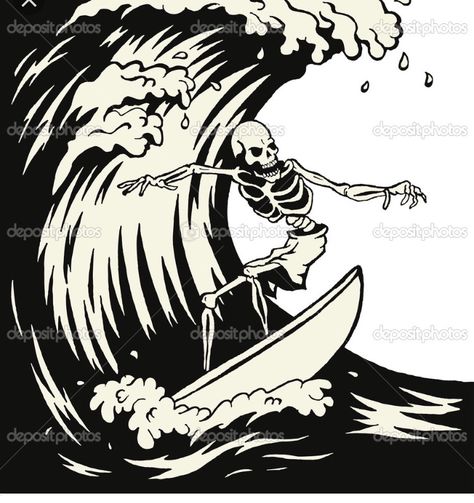 Surf skeleton tattoo idea Shredder Drawing, Surfing Tattoo, Retro Surf Art, Surfboard Painting, Surf Tattoo, Surf Wave, Biker Tattoos, Wave Illustration, Skeleton Tattoos