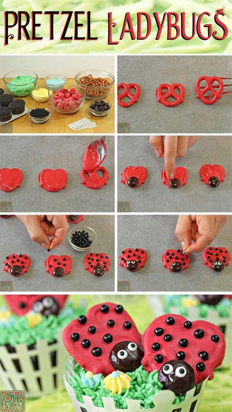 Ladybug Snacks Preschool, Spring Food Crafts For Kids, Ladybug Desserts, Ladybug Treats, Ladybug Pretzels, Ladybug Food, Pretzel Ideas, Ladybug Cupcakes, Pretzel Treats