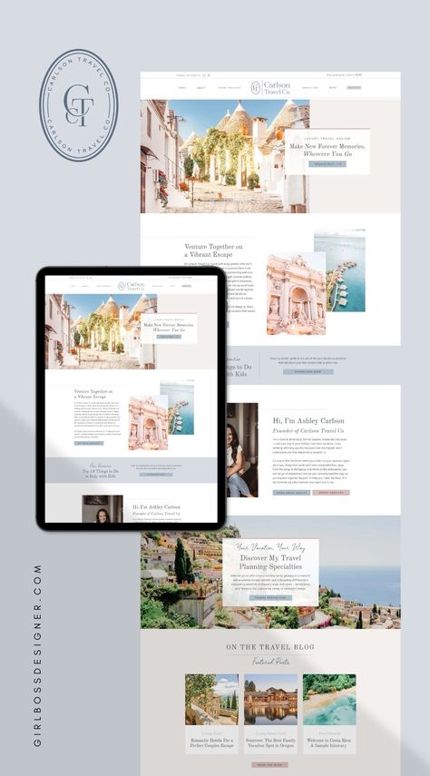At Carlson Travel Co, Ashley is an entrepreneur who works with busy parents who don’t want the pace of their hectic lives to prevent them from making time for what matters most.Ashley chose to go with our Website Template Customization service! Her website design is based on our Paris Travel Showit website template, available inside the Girlboss Designer shop. Grab our Paris template and bring your website dreams to life or connect with us if you are ready to hand off the design & customization! Luxury Travel Website Design, Media Website Design, Service Website Design, Travel Blog Design, Travel Agency Website, Website Planning, Travel Website Design, Tourism Website, Travel Brand