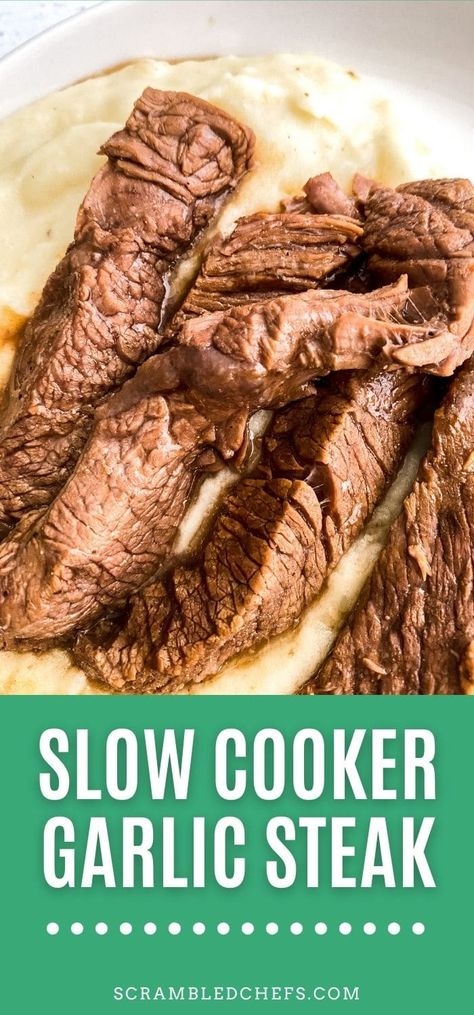 These tender slow cooker garlic steak bites are a perfect easy meal for any weeknight! Tender and juicy, they are ideal for busy evenings! This is a perfect slow cooker beef recipe that is ideal for weeknight dinners. Flank Steak Crockpot Recipes Slow Cooker, Flat Steak Recipes Slow Cooker, Mock Tender Steak Recipes Slow Cooker, Steak In The Slow Cooker, Beef Chuck Tender Steak Recipes Crock Pot, Sirloin Slow Cooker Recipe, Petite Sirloin Steak Crockpot Recipes, Slow Cooker Garlic Steak Bites, Flank Steak In Slow Cooker