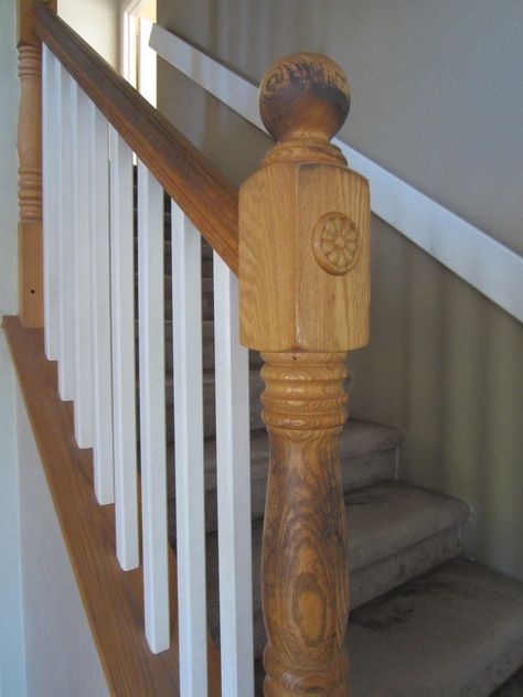 replacement newel post? Newel Post Caps, Handrail Design, Hall Ideas, Builder Grade, Newel Posts, Post Cap, Finials, Our House, The Original