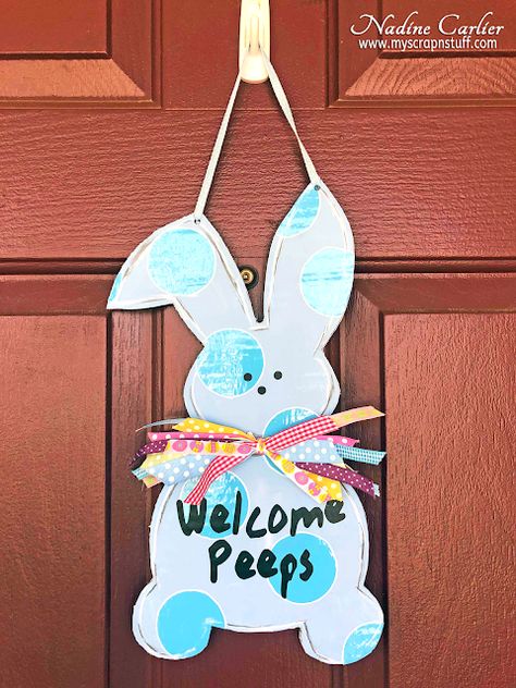 Easter Door Hanger tutorial using StyleTechCraft Vinyl by Nadine Carlier Cardboard Door Hangers, Cardboard Door, Door Hanger Tutorial, Bunny Templates, Egg Ideas, Mixed Media Diy, Easter Door Hanger, Easter Craft Decorations, Spring Decor Diy