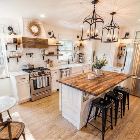 Black Accent Farmhouse, Black White Grey Wood Kitchen, White Kitchen Black And Wood Accents, Farmhouse Kitchen New Build, White And Black Country Kitchen, Black White Wood House Decor, Farmhouse Kitchen With Wood Countertops, Black Refrigerator Kitchen Farmhouse, White And Black Kitchen With Wood