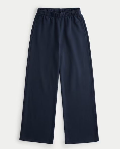 Women's Feel Good Ultra High-Rise Fleece Wide-Leg Pants | Women's Bottoms | HollisterCo.com At Home Clothes, Navy Sweatpants, Blue Sweatpants, Wide Leg Sweatpants, Women's Bottoms, Teen Clothing, Womens Sweatpants, Clothing For Women, Outfits For Teens