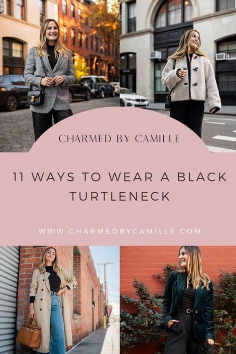 A black turtle neck is a must-have staple for your 2024 fall and winter wardrobe! Today Charmed By Camille is sharing 11 ways for your to style this piece into any type of outfit. Weather you are looking for a cozy every day outfit or elevated date night look, there is an outfit for every occasion in this winter fashion guide! Follow for more fall fashion trends, 2024 outfit ideas, and casual chic style guides. Styling A Black Turtleneck, Layered Turtleneck Outfit, Style A Black Turtleneck, Black Turtle Neck Outfit, Classy Date Night Outfit, Black Turtleneck Outfit, Layered Turtleneck, Black Cropped Trousers, Latest Winter Fashion