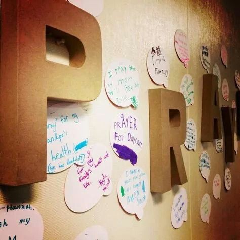 Prayer wall! Great idea for a wall in Sunday School! Kids Prayer Wall, Prayer Wall Ideas Church, Sunday School Room Ideas, Sunday School Rooms, Prayer Stations, Cardboard Letters, Sunday School Classroom, Church Youth, Church Nursery