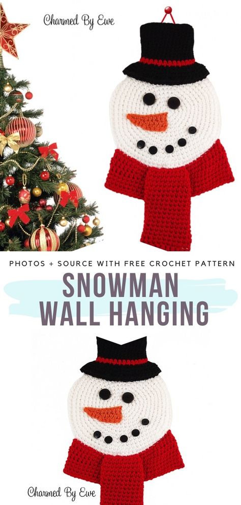 Snowman Wall Hanging, Holidays Calendar, Christmas Door Hangings, Crochet Wall Hanging, Crochet Christmas Ornaments Free, Christmas Crochet Patterns Free, Crochet Snowman, Crochet Santa, Snowman Hat