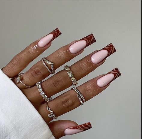 Abstract Art Nails, Chocolate Nails, Orange Abstract Art, Dainty Diamond Ring, Girl Nails, Swarovski Nails, Exotic Nails, Long Acrylic, Nails 2023