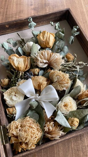 Dried Flowers Shadow Box Ideas, Wedding Flower Design, Framed Wedding Photos, Flower Preservation, Bouquet Preservation, Dried Bouquet, Pressed Flower Art, The Basement, Wedding Florals