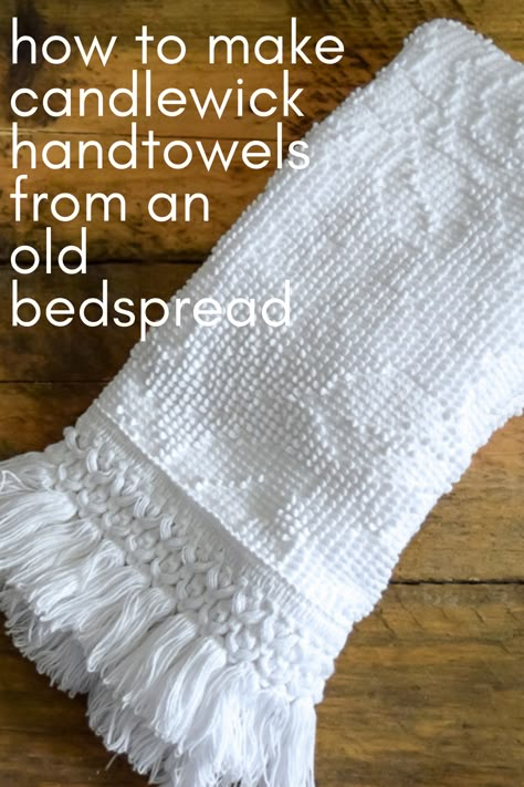 Chances are you can find an old, stained Candlewick bedspread in your attic or your local goodwill for this easy DIY Project. Use your sewing machine to upcycle it into a bunch of delightful handtowels. Keep them for yourself or give for a unique and personal gift. Chenille Bedspread Crafts, Embroidered Crafts, Chenille Crafts, Vintage Bedspread, Hand Towels Kitchen, Chenille Pillow, Bed Spread, Chenille Bedspread, Towel Crafts