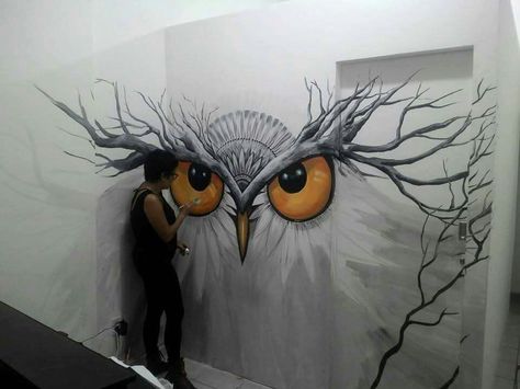 Owl mural Mural Tattoo, Owl Mural, Room Paintings, Studio Tattoo, Anime Galaxy, Halloween Window, Amazing Street Art, Owls Drawing, Wall Drawing