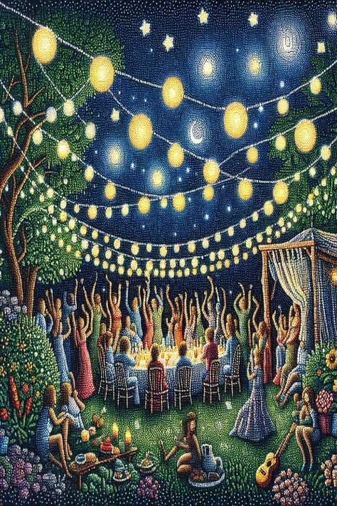 Garden Party Joy Check more at https://paintlyx.com/garden-party-joy/ Garden Party Illustration, Garden Party Poster, Solstice Art, Party Illustration, Party Poster, Summer Solstice, Graphic Design Posters, Night Time, Garden Party