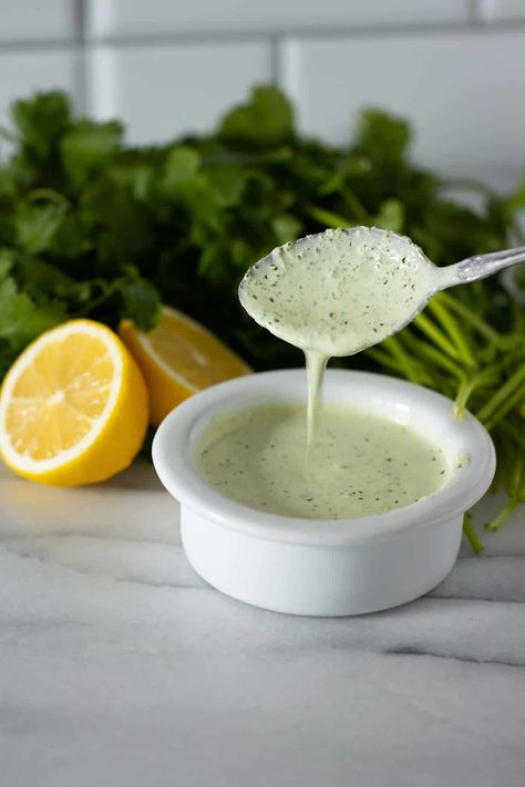 Garlic Cilantro Sauce - Food Metamorphosis Garlic Cilantro Sauce, Creamy Cilantro Sauce, Cilantro Garlic Sauce, Creamy Salad, Fried Tilapia, Fried Cod, Ketchup Sauce, Creamy Salad Dressing, Cilantro Sauce