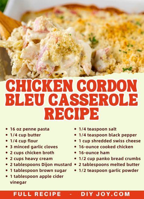 This chicken cordon bleu casserole is a dish that will surely impress your guests! It's fully loaded with ham, chicken, cheese, and pasta.