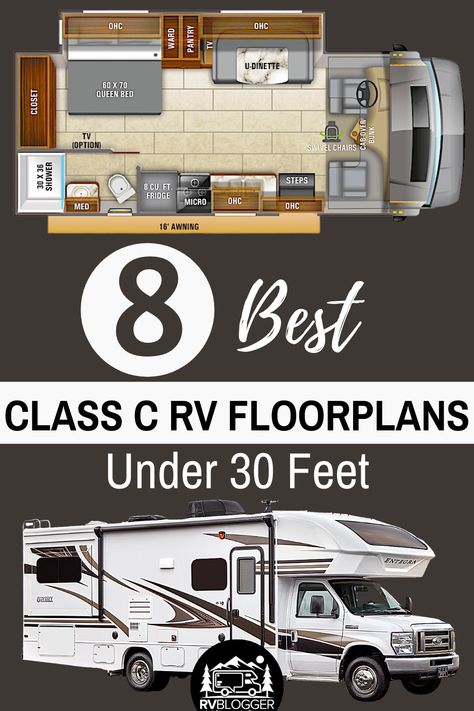 Thinking about buying a motorhome but intimated about the size? Check out the 8 best Class C RV floorplans under 30ft! Class C RVs offer all the amenities of a larger RV but comfortably drivable. These motor homes come with slide outs, large sleeping capacity and spacious bathroom. Check out these motorhome floor plans for more details. #rvblogger #classcrv #motorhome #smallmotorhome. #buyinganrv #rvfloorplans #rvreview #rvtour #rvtip #motorhomereview Class C Campers, Motorhome Remodel, Motor Court, Rv Floor Plans, Motorhome Interior, Kombi Motorhome, Rv Dreams, Rv Camping Tips, Kombi Home