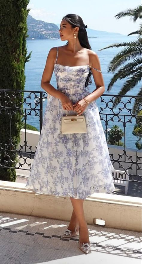 French Riviera Wedding Guest Outfit, French Wedding Guest, Pattern Prom Dress, Prom Dress Pattern, Designer Gown, Formal Occasion Dress, Spaghetti Strap Prom Dress, Romantic Mood, Dresses Trendy