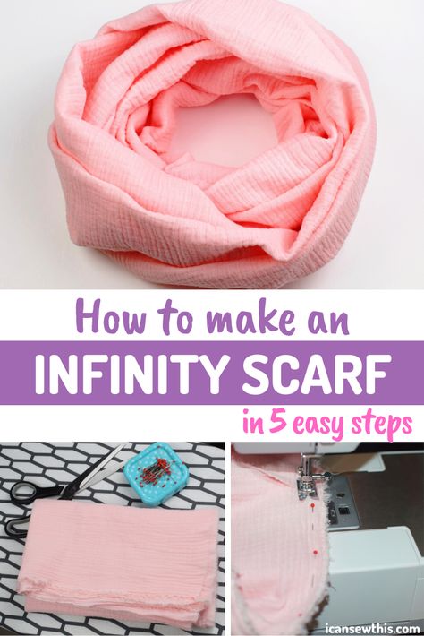 DIY infinity scarf tutorial. This is so easy and fun – a great DIY project for someone who is learning how to sew. In as little as 10 minutes, you can make your own infinity scarf from scratch.How much fabric do you need to make an infinity scarf? How long and wide should a scarf be? And what fabric to use for a DIY infinity scarf? Check out this free sewing tutorial for beginners to learn how to make an infinity scarf with just 5 easy steps. Learning How To Sew, Diy Infinity Scarf, Infinity Scarf Tutorial, Scarf Sewing, Scarf Sewing Pattern, Infinity Scarf Pattern, Scarf Tutorial, Simple Sewing, Diy Scarf