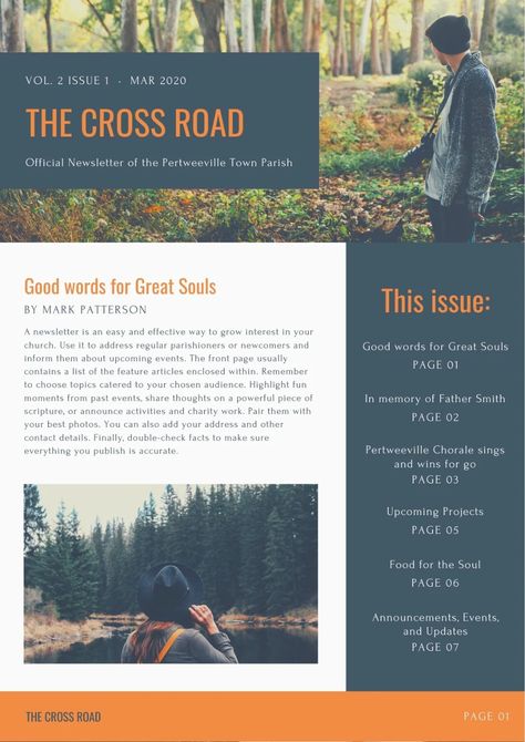 Dark Blue and Orange Nature Photo Church Newsletter - Templates by Canva Dark Blue And Orange, Orange Nature, Church Newsletter, Email Newsletter Template, Social Media Buttons, Marketing Business Card, Feature Article, Newsletter Design, Graphic Design Software