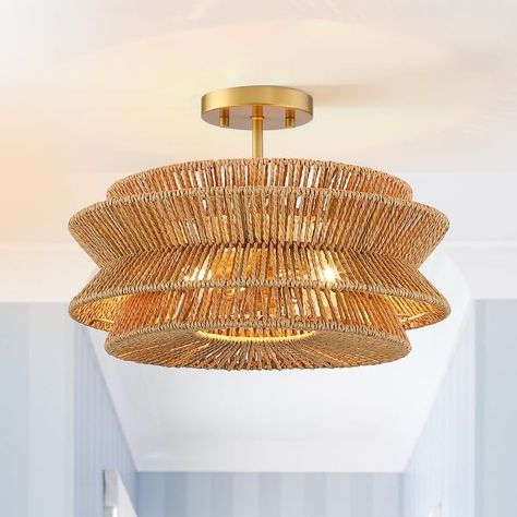 Silvia 2-Light Bohemian Woven Rope Semi-Flush Mount Ceiling Light - 16 in. W - On Sale - Bed Bath & Beyond - 37061861 Nursery Light Fixture, Rattan Ceiling Light, Mid Century Contemporary, Rattan Shades, Matte Black Hardware, Flush Mount Lights, Woven Rattan, Semi Flush Mount Lighting, Semi Flush Mount