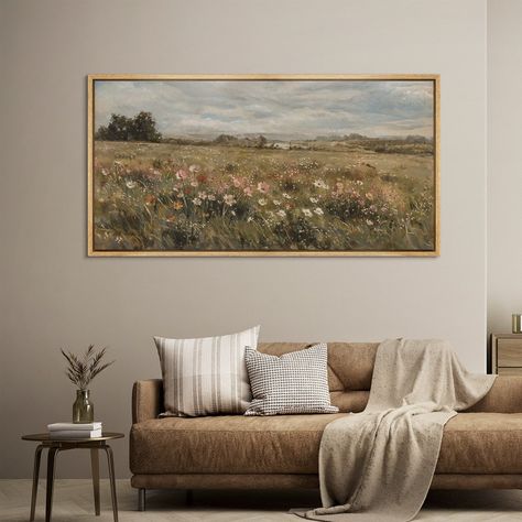 Photos Above Couch, Behind The Couch Wall Decor, Wall Decor Behind Couch, Decor Above Couch, Large Wall Decor Living Room, Living Room Canvas Art, Panoramic Wall Art, Wildflower Field, Big Wall Art