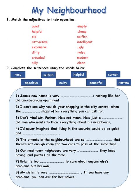 Noun And Adjective Worksheet, Our Neighbourhood Worksheets, Descriptive Adjectives Worksheets, My Neighbourhood, Demonstrative Adjectives Worksheet, Possesive Adjective 's Worksheet, Simple Present Tense, Simple Past Tense, Regular Verbs