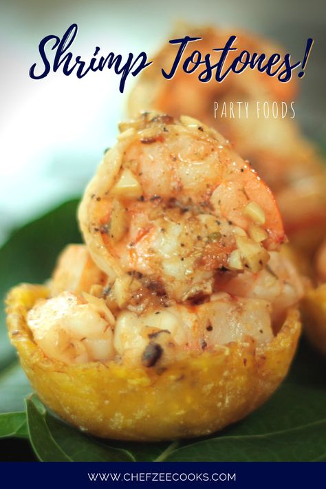 Garlic Shrimp with Tostones | Tostones Rellenos de Camarones - Chef Zee Cooks Shrimp And Tostones Recipe, Shrimp Tostones, Tostones Rellenos, Chinese Seafood, Dominican Recipes, Shrimp Marinade, Hispanic Recipes, Shrimp Dip, Puerto Rico Food