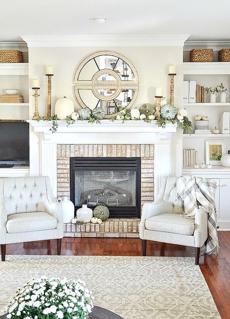 Painted Furniture Ideas | How to Professionally Decorate a Mantel - Painted Furniture Ideas Fall Built In Decor, Built Ins Fall Decor, Fall Fireplace Decor Mantles Neutral, Fall Built In Shelves Decor, Fall Mantel Decorating Ideas With Tv, Chic Fireplace Decor, Fall Mantles Ideas, Fall Mantels, Fall Fireplace Mantel