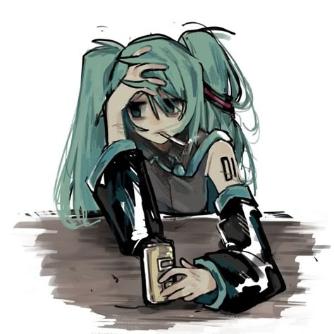 Hatsune Miku Fanart Dark, Hatsune Miku Pfp Dark, Hatsune Miku Art Dark, Litteraly Me Character, Hatsune Miku Art, Stitch Watercolor, Realism Watercolor, Miku Art, Watercolor Cross Stitch