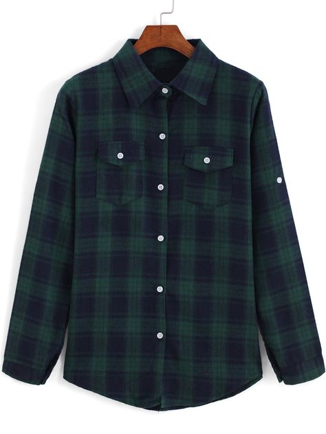 Blue Green Lapel Long Sleeve Plaid Blouse 12.67 Long Sleeves Outfit Men, Plain Jacket, Green Plaid Shirt, Checkered Blouse, Long Sleeve Cotton Tops, Green Shirt Dress, Colorful Blouses, Green Flannel, Long Sleeve Outfits