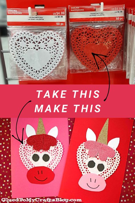 Kids Valentine Cards Diy, Diy Valentines Cards For Kids, Homemade Valentine Cards For Kids, Prek Valentines, Valentines Toddler, Unicorn Valentine Cards, Valentine Unicorn, Preschool Valentines Activities, Paper Doily Crafts