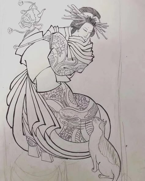 Ukiyoe Tattoo, Japanese Geisha Drawing, Japanese Mask Tattoo, Geisha Tattoo, Japan Tattoo Design, Japanese Dragon Tattoos, Geisha Art, Japanese Drawings, Irezumi Tattoos