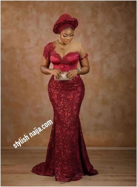 Wine Red Lace Asoebi Styles, Burgundy Lace Asoebi Styles, Maroon Lace Asoebi Styles, Asobi Lace Styles 2023, Wine And Gold Asoebi Lace Styles, Lastest Style For Lace Gown 2023, Cord Lace Styles For Ladies 2023, Lace Gown For Ladies, Asoebi Lace Styles Classy 2023