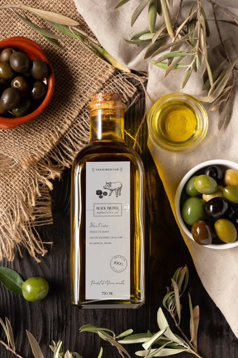 Editable Truffle Infused Olive Oil Label Template Olive Oil Food Photography, Olive Oil Product Photography, Olive Oil Aesthetic, Olive Oil Photography, Olive Oil Label, Olive Oil Bottle Design, Oil Photography, Bottle Shoot, Oil Label