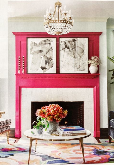 This pink painted mantle mixed with white painted brick is gorgeous! Benjamin Moore - Gypsy Pink, Kate Spade coffee table and that Chrystal chandelier!!!! House beautiful. Pink Brick Fireplace, Pink Mantle, Pink Fireplace, Painted Mantle, Painted Brick Fireplace, Painted Brick Fireplaces, Paint Fireplace, New Paint Colors, Interior Paint Colors