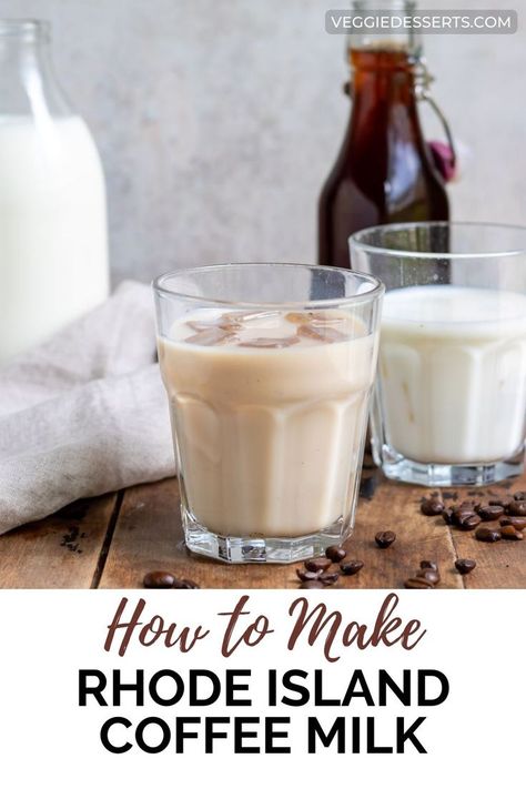 Glasses of coffee milk and a bottle of coffee milk syrup and bottle of milk. Coffee Milk Recipe, Coffee Simple Syrup, Fun Coffee Drinks, Homemade Coffee Syrup, Peach Dessert Recipes, Special Drinks, Milk Syrup, Hot Chocolate Drinks, Creamy Coffee