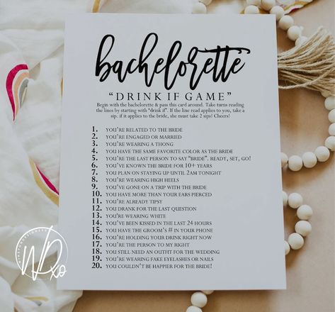 Bachelorette Drink If Game PRINTABLE GAME Instant Download for Bachelorette Party PDF File - Etsy UK Hen Party Drinking Games, Bachelorette Drink If Game, Bachelorette Trip Activities, Bachelorette Party Activities At Home, Bachelorette Games For Small Group, Bachelorette Party Nails The Bride, At Home Bachelorette Party Ideas, Drink If Bachelorette Game, Simple Bachelorette Party Ideas