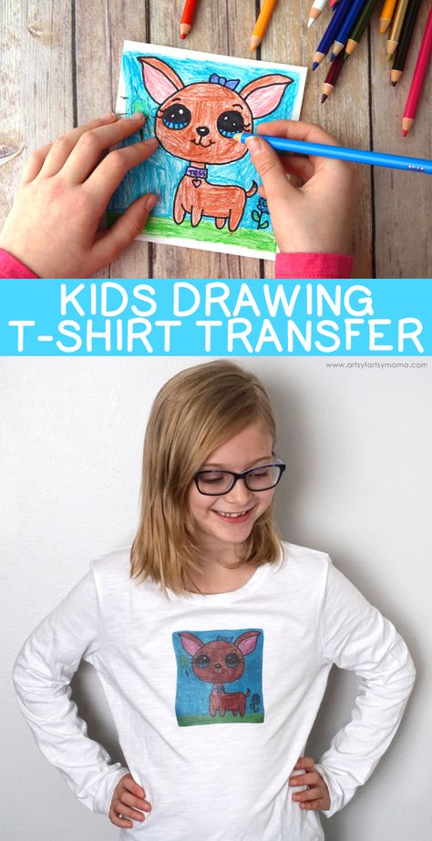 Kids Drawing T-Shirt Transfer | artsy-fartsy mama T Shirt Decorating Ideas For Kids, Painted Tshirts Diy Ideas, Custom Shirts Diy, Drawing Stand, Shirt Craft, Drawing T Shirt, T Shirt Painting, T Shirt Transfers, Tshirt Crafts