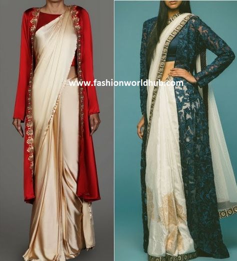 Sari With Long Jacket, Saree With Long Jacket Indian Weddings, Sarees With Long Jackets Style, Long Jacket With Saree, Long Jacket Outfit Indian Wedding, Jacket For Saree, Long Jackets For Women Indian, Sarees With Jackets, Long Jacket Outfit Indian