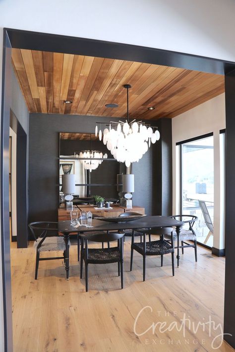 Black Wall Wood Ceiling, Kitchen Accent Ceiling, Plank Ceiling Dining Room, Black Bedroom Wood Ceiling, How To Paint Wood Ceiling, Office With Wood Ceiling, Black And Wood Ceiling, Dining Room Accent Ceiling, Dining Room With Wood Ceiling