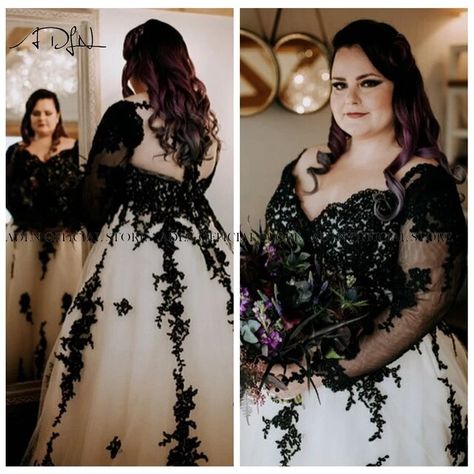 Black And White Wedding Dress Plus Size Bridal Gowns Custom Made Long Sleeves Lace A-line Bride Dresses Vestido de Novia - AliExpress Black And White Wedding Dress, Black White Wedding Dress, Spooky Wedding, Plus Size Bridal Gowns, Wedding Dress Plus Size, Plus Size Bridal, Formal Dresses With Sleeves, White Bridesmaid Dresses, White Wedding Dress