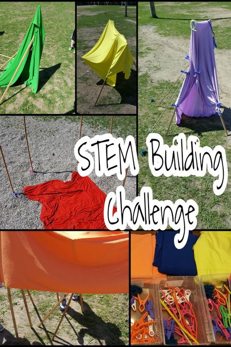 STEM (Science Technology Engineering and Math) challenges are always a hit with kids.  This challenge takes building to a whole new level.  For elementary school aged children, this activity reinforces team work and structures and stability.  Small groups are given a limited supply of materials to then create their tent/structure. Outdoor Stem Challenges, Stem Challenge Kindergarten, Wilderness Crafts, Tent Structure, Elementary Stem Activities, School Age Activities, Steam Ideas, Stem Classes, Engineering Activities