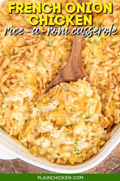 French Onion Chicken Rice-a-Roni Casserole - Plain Chicken Chicken Casserole With Rice A Toni, Recipes Using Chicken Rice A Roni, Rice A Roni And Chicken, Chicken And Rice A Roni, Rice A Roni And Chicken Casserole, French Onion Chicken Casserole, Onion Chicken Casserole, Rice A Roni, Creamy Chicken And Rice