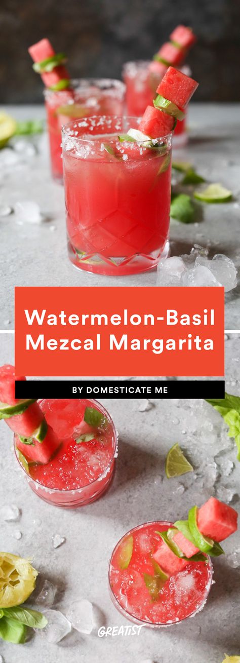 Watermelon Basil Margarita, Watermelon Mint Margarita, Mint Margarita Recipe, Watermelon Skewers, Watermelon Basil, Mint Margarita, Cocktail Inspiration, Mezcal Margarita, Mezcal Cocktails